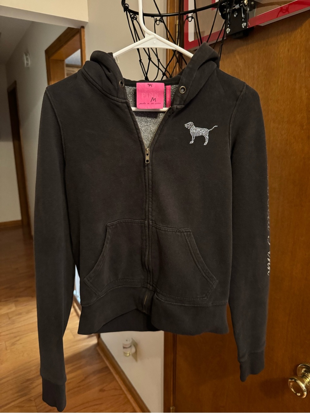 PINK Victoria's Secret Black Zip-Up Hoodie with Rhinestone Dog